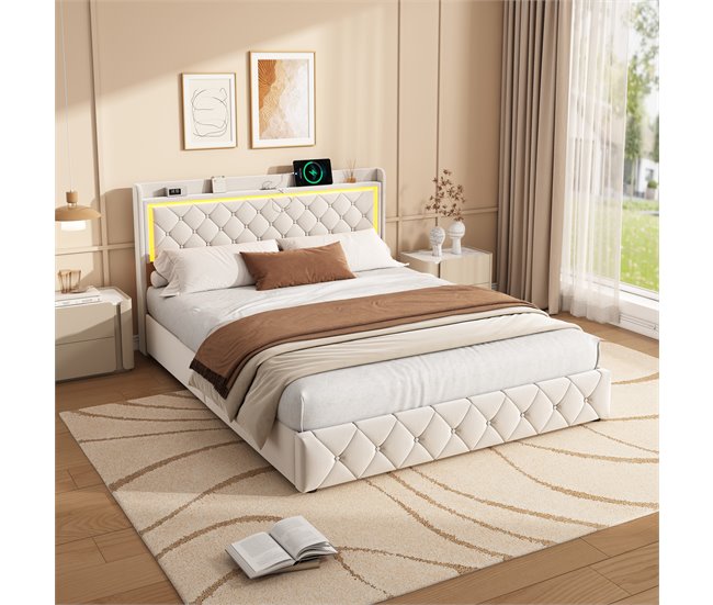 Cama LED, puertos USB, elevación gas Beige