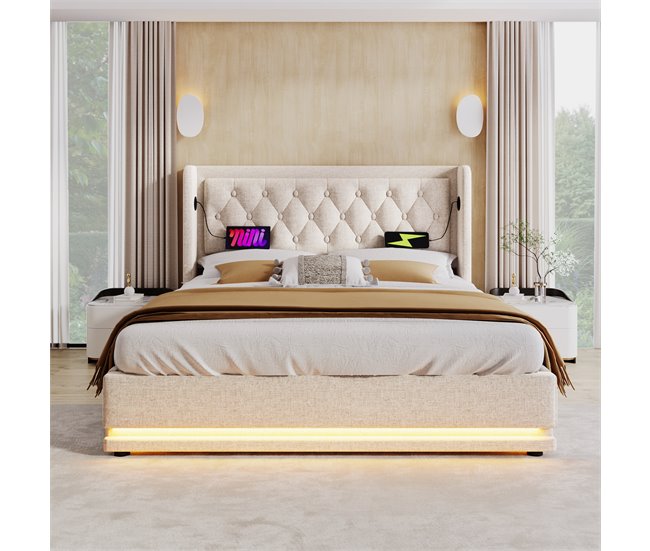 Cama de matrimonio de algodón con almacenaje 150x210 Beige
