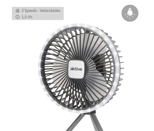 Aktive Ventilador portátil silencioso 3 en 1 c/luz y carga USB Negro