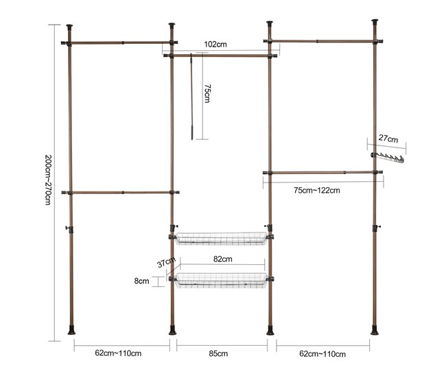 Perchero Extensible con 5 Barras y 2 cestas KLS04-BR SoBuy Marron