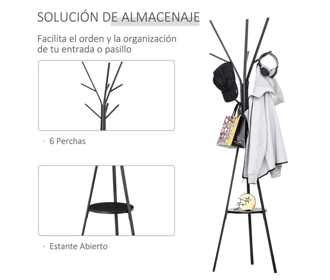 Perchero de Pie Metálico Metal, MDF HOMCOM Negro