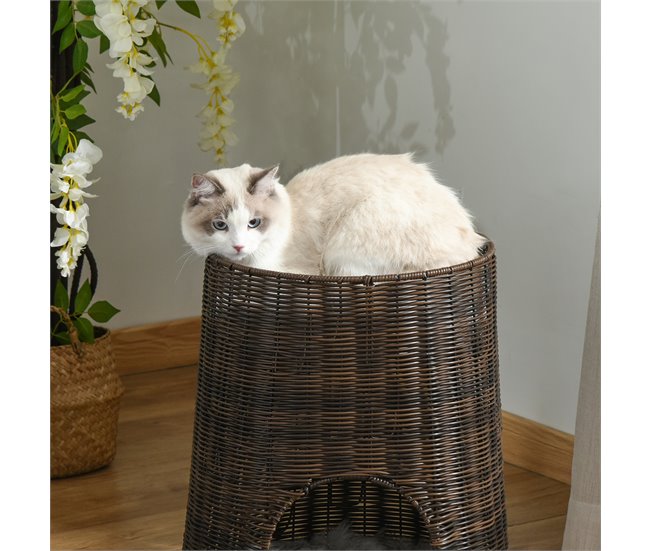 Cesta de Mimbre para Gatos Ratán PE, Metal y Poliéster PawHut Marron