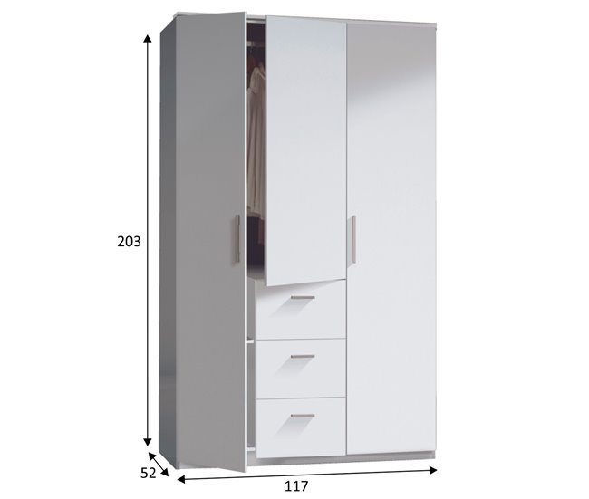 Armario ropero Lisa 3 Puertas 3 Cajones Color Blanco Brillo Blanco