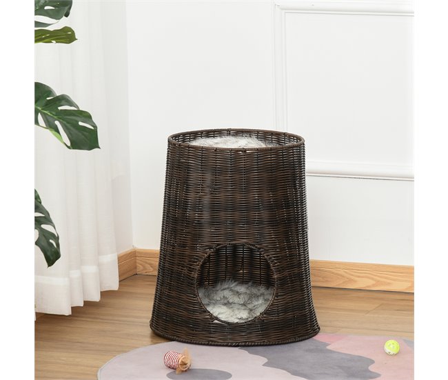 Cesta de Mimbre para Gatos Ratán PE, Metal y Poliéster PawHut Marron