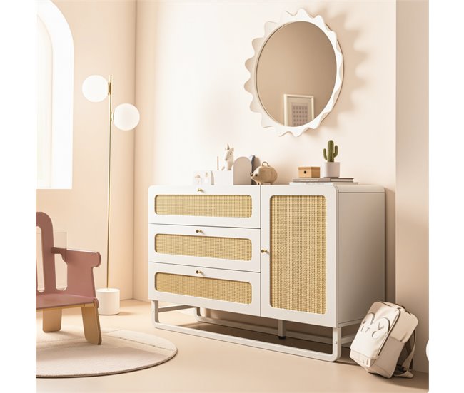 Aparador con 1 puerta y 3 cajónes Natural/ Blanco