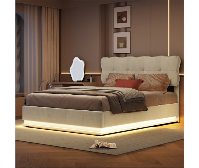 Cama, LED, cama con muelles, cama doble, cama funcional 146x204 Beige