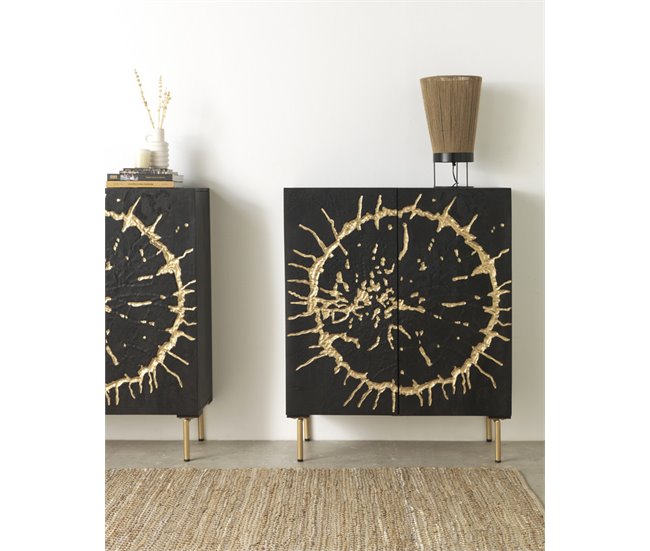 Aparador Alto De Madera De Mango Con 2 Puertas Y Pies De Metal Dorado Negro