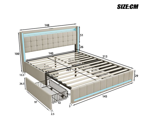 Cama, USB, cabecero LED, cama para adolescentes 148x213 Beige