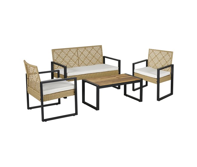 Conjunto de muebles de jardin Calciano 4 piezas ratán Natural