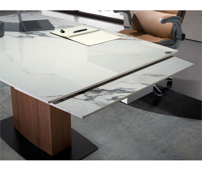 ANGEL CERDA Mesa comedor extensible ovalada barril mármol porcelánico y nogal 240x100 Nogal