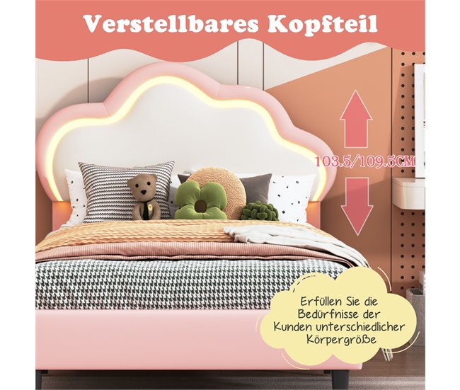 Cama tapizada de con cabecero ajustable, LED 100x202 Rosa