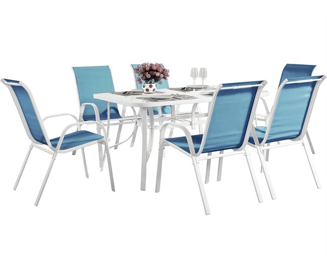 Conjunto De Jardín Mesa + 6 sillas de Textileno Azul