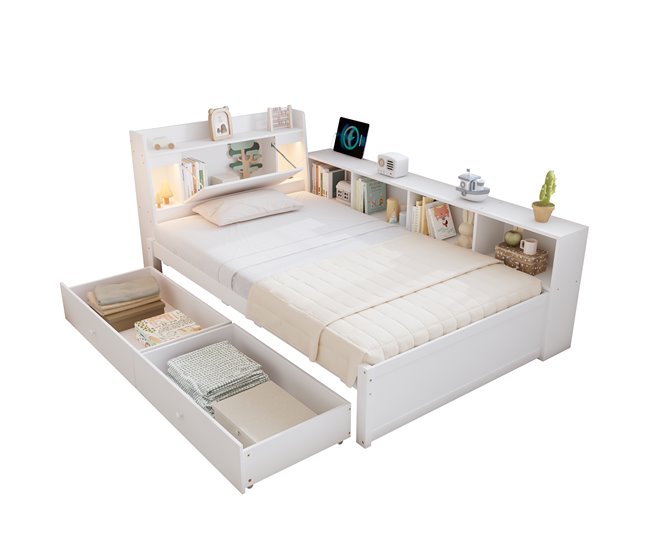 Cama juvenile de madera de pino con 2 cajónes 113x220 Blanco