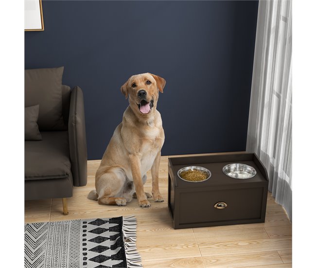 Comedero para Perros MDF, Acero Inoxidable PawHut Marron