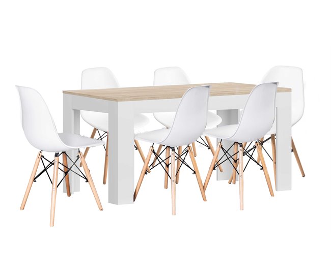 Mesa Extensible de Comedor o Cocina + 6 Sillas Estilo Nordico 178x80 Blanco/ Beige