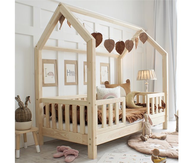 Cama cabaña con barandilla y somier patas de Daisy Madera