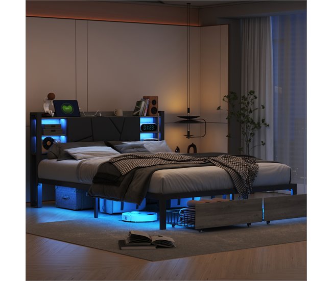 Cama doble con USB, 2 cajones, cabecero PU y LED Negro
