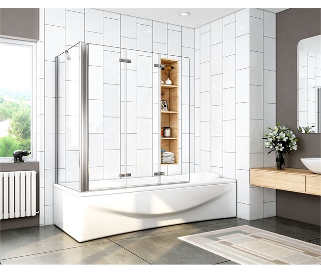 Mampara de Bañera Plegable,3 Hojas+Panel Fijo,Vidrio Templado 6mm Antical, Alture 140cm,Ancho 2cm Ajustable Blanco/ Gris