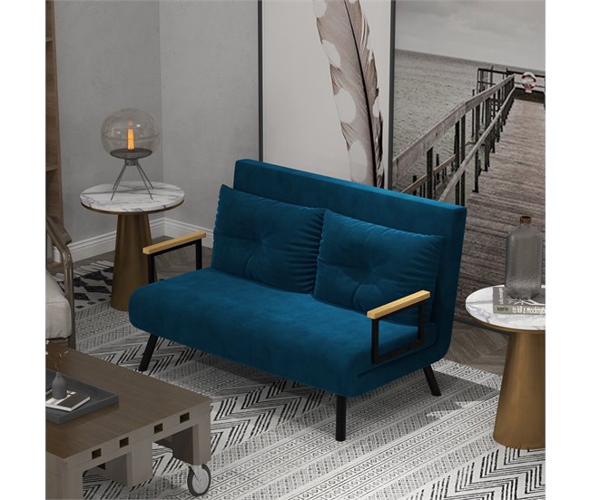 Sofá Cama Acero, Espuma, Poliéster, Madera de Caucho HOMCOM Azul