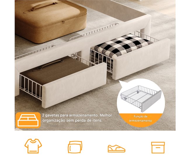 Cama con luces LED, puertos USB, puerto Tipo-C y cajones Beige