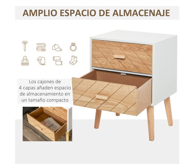 Mesita de Noche MDF y madera maciza HOMCOM 40 Blanco