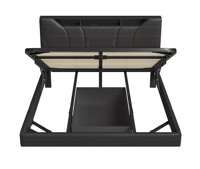 Cama doble hidráulica LED con USB y almacenamiento Gris