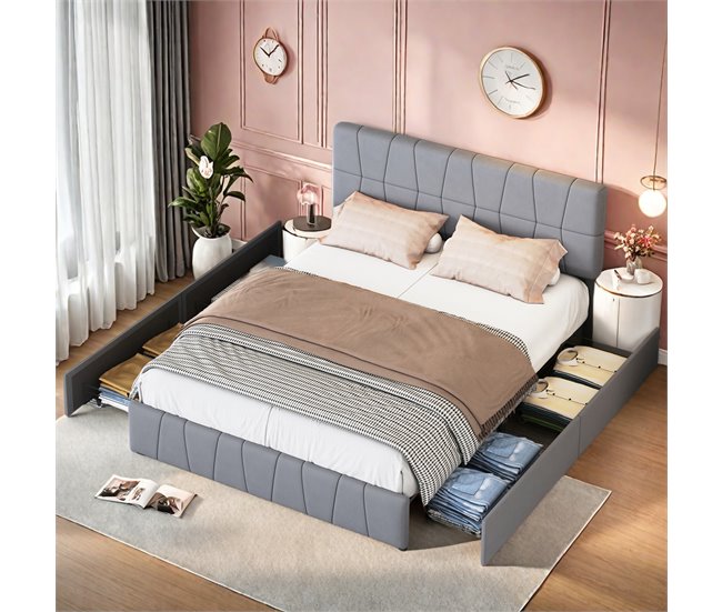 Cama, 4 cajones, cama doble, cama para adolescentes 164x209 Gris