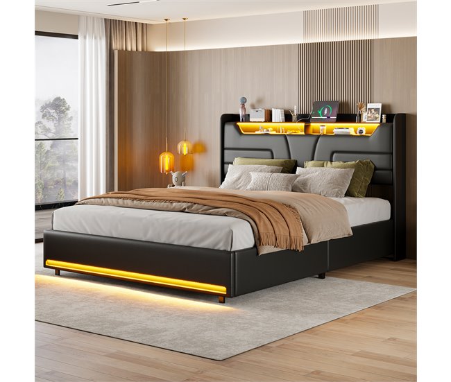 Cama, cama de matrimonio, LED, USB Negro