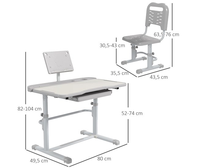 Pupitre Infantil PP, MDF, Acero ZONEKIZ 49x80 Gris
