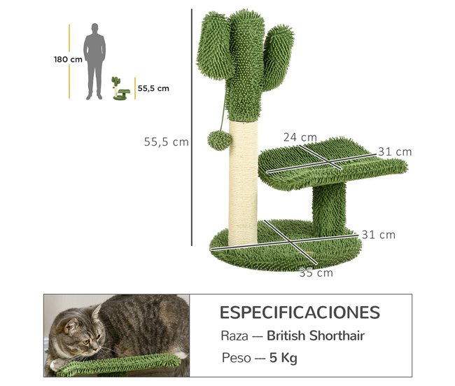 Árbol para Gatos Aglomerado de Madera, Chenilla, Sisal, Algodón Verde