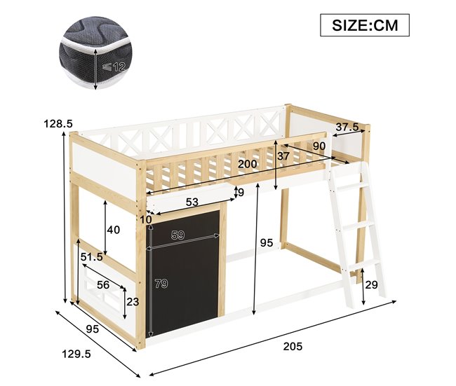 Cama alta de madera de pino Natural/ Blanco