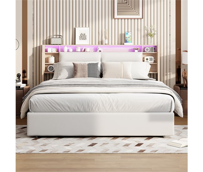 Cama tapizada doble juvenil con LED y almacenamiento hidráulico Blanco