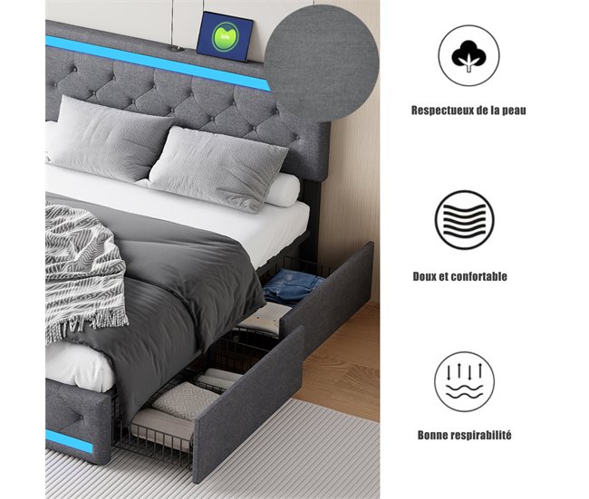 Cama tapizada, LED, 4 cajones, USB 186x210 Gris