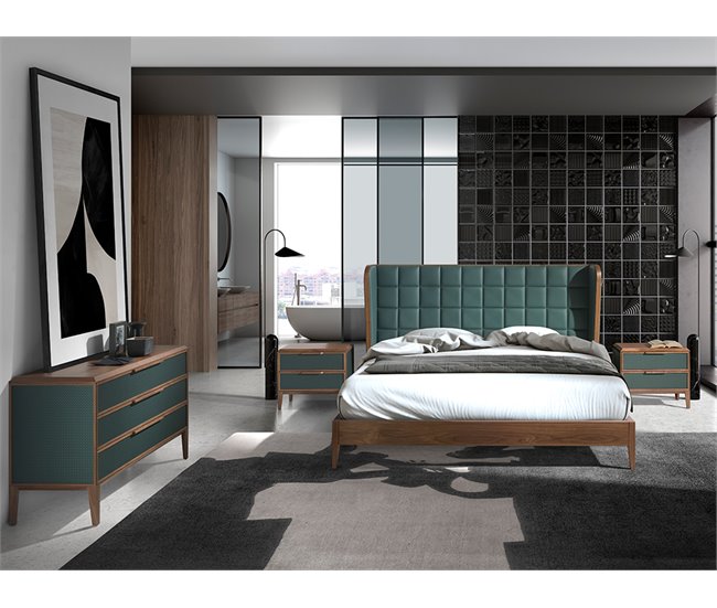 Cama matrimonio tapizada en polipiel  y madera chapada en nogal Verde Oscuro
