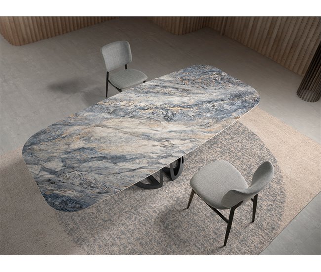 ANGEL CERDA Mesa comedor ovalada barril mármol porcelánico y acero negro 238x110 Azul/ Negro