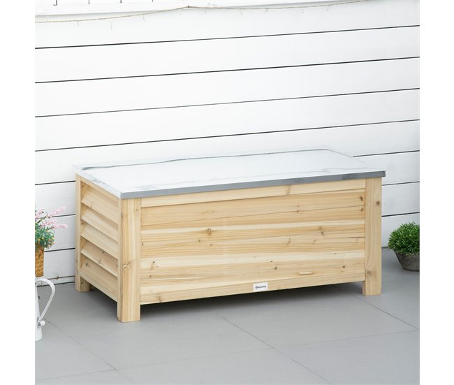 Baúl de Almacenaje Madera de Abeto, Metal Galvanizado Outsunny Marron