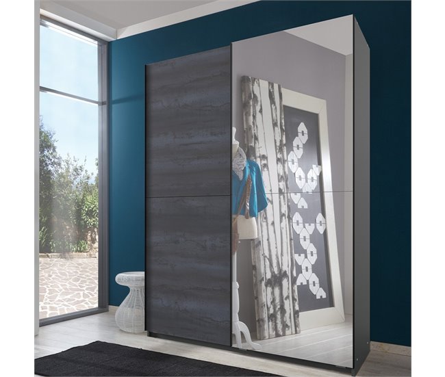 Armario 2 puertas correderas, 1 de ellas con espejo - L135 cm Gris