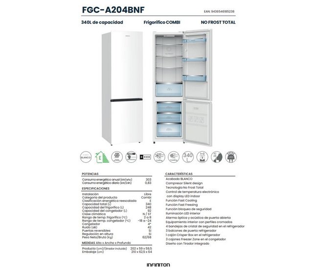 Frigorifico Combi Infiniton FGC-A204BNF, 304 L, No Frost Total Blanco