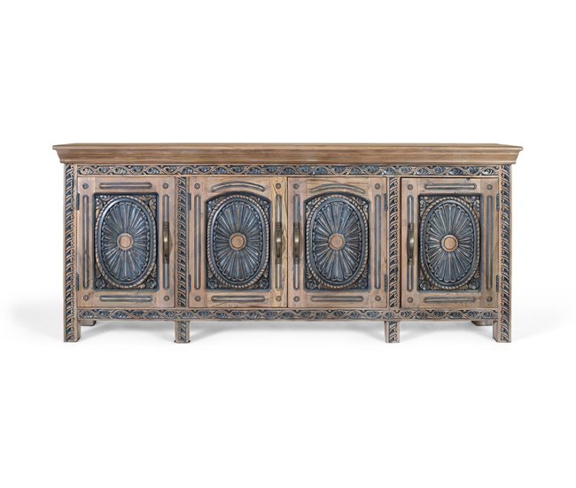 Aparador de teca tallada en dos tonos Azul