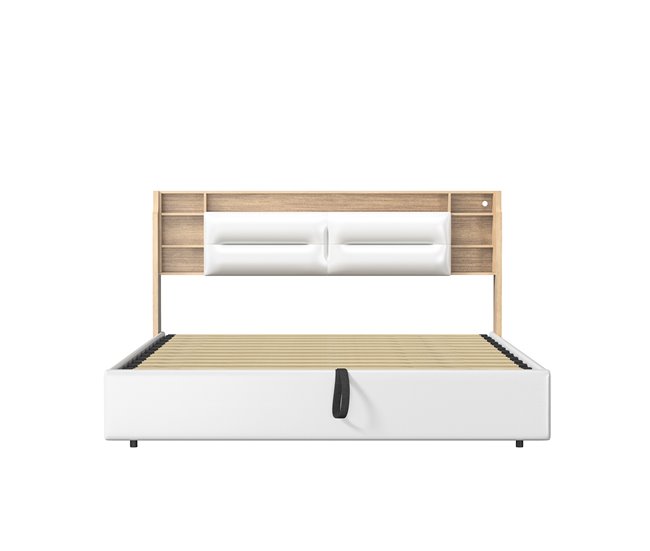 Cama tapizada doble juvenil con LED y almacenamiento hidráulico Blanco