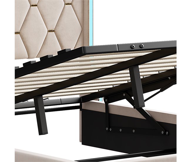 Cama estofada, LED, espaço de armazenamento Beige