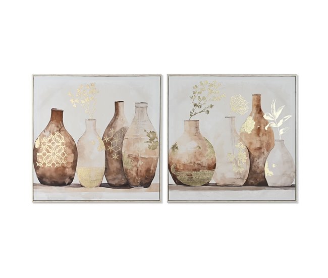 Conforama Cuadro Home ESPRIT Beige Dorado Poliestireno Lienzo Jarrón Escandinavo 82 5 x 3 5 x 82 5 cm (2 Unidades)
