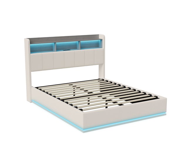Cama, LED, USB, cama hidráulica, estructura de cama juvenil Beige