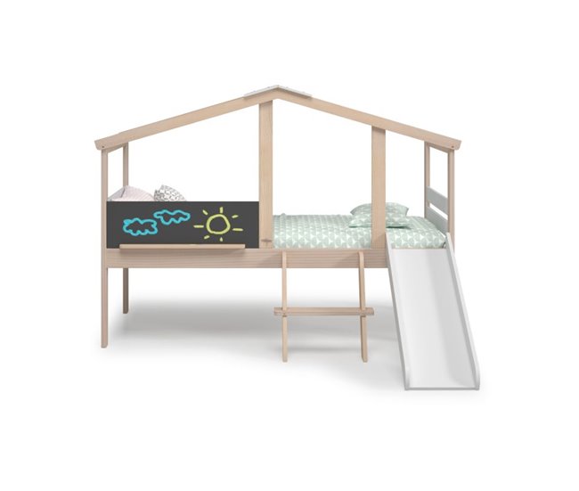 Cama cabaña con tobogán Rushi 204x187 Blanco/ Madera