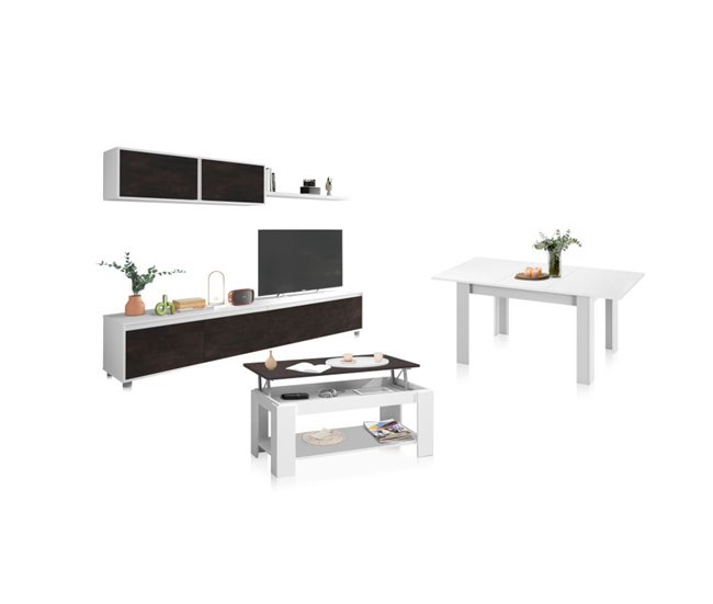 Pack salón con mesa de centro y mesa de comedor Arlet Max 200 Blanco/ Gris