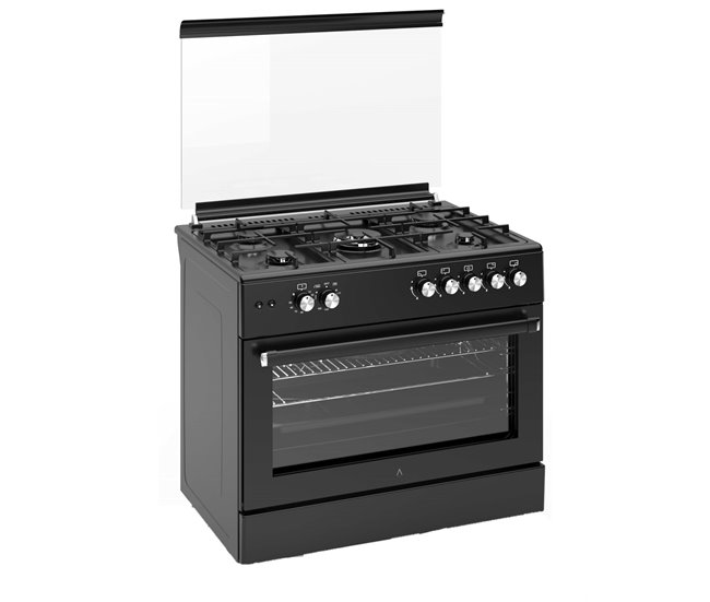 ALPHA Cocina de Gas VULCANO ELITE-90 Negro Mate. Encendido Automático, Wok, Ventilador y Temporizador. Negro