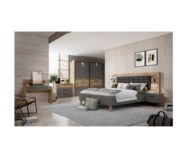 Conjunto cama con cabecero y mesitas de noche RICCIANO Roble