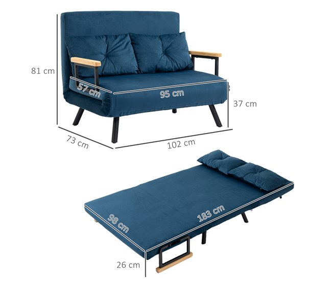 Sofá Cama Acero, Espuma, Poliéster, Madera de Caucho HOMCOM Azul