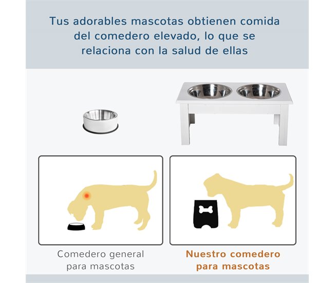 Comedero Elevado para Perros Acero Inoxidable, MDF PawHut Blanco