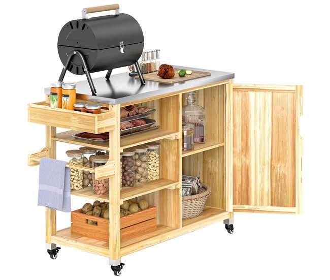 Carrito de Parrilla Acero, Madera de Abeto Outsunny Marron